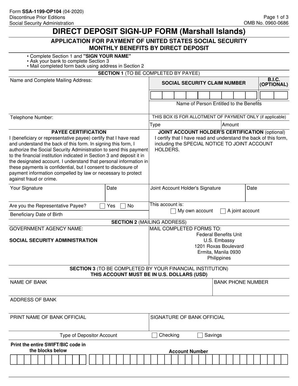 Form SSA-1199-OP104 Direct Deposit Sign-Up Form (Marshall Islands), Page 1