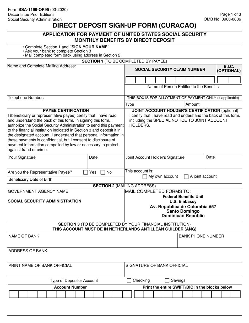 Form SSA-1199-OP95 Direct Deposit Sign-Up Form (Curacao), Page 1