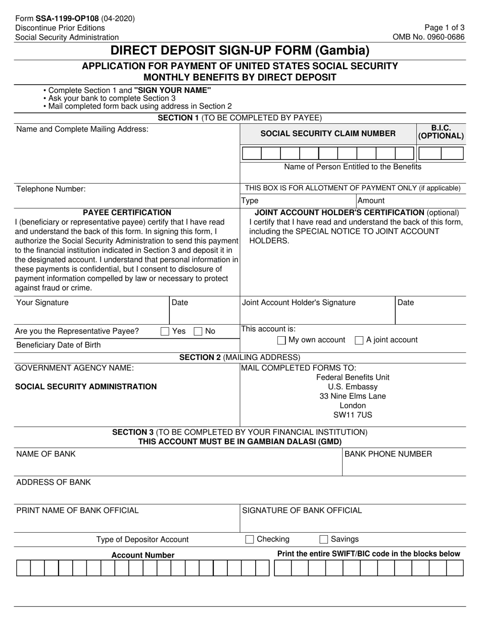 Form SSA-1199-OP108 Direct Deposit Sign-Up Form (Gambia), Page 1