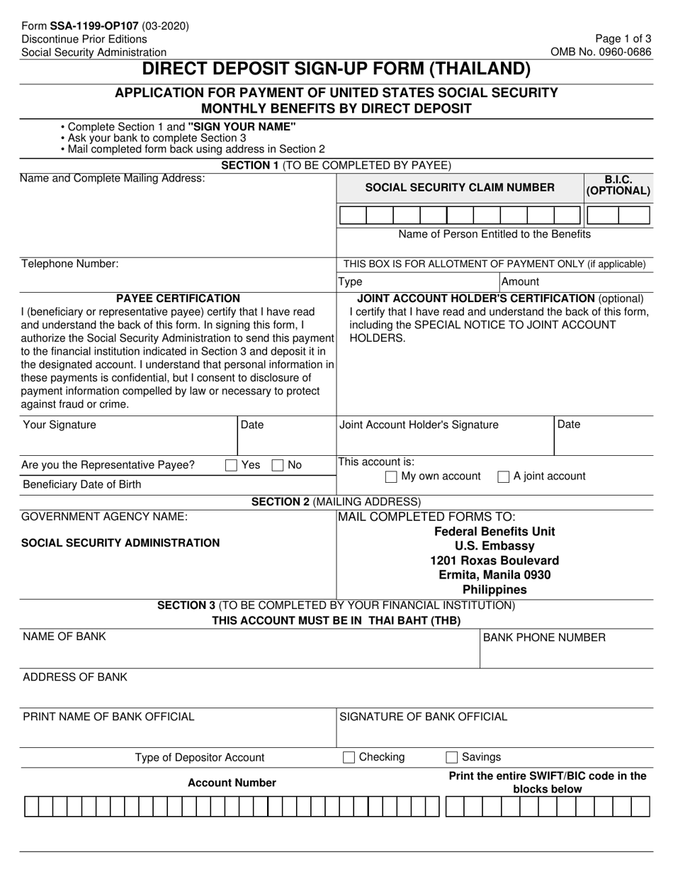 Form SSA-1199-OP107 Direct Deposit Sign-Up Form (Thailand), Page 1