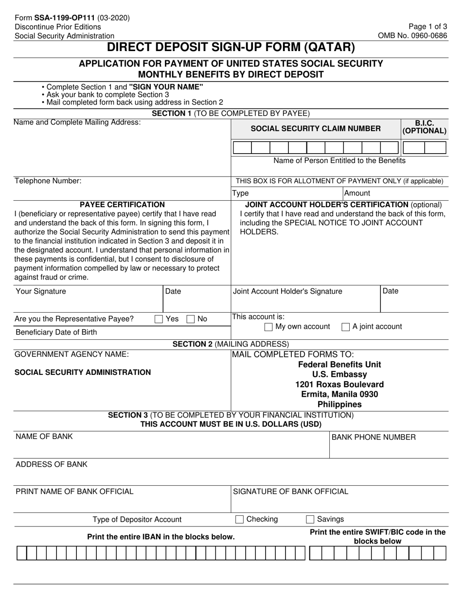 Form SSA-1199-OP111 Direct Deposit Sign-Up Form (Qatar), Page 1