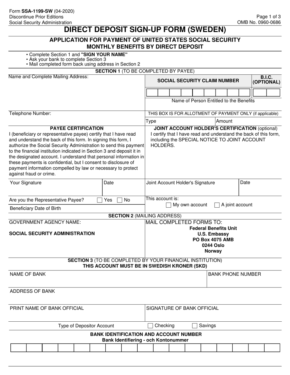 Form SSA-1199-SW Direct Deposit Sign-Up Form (Sweden), Page 1