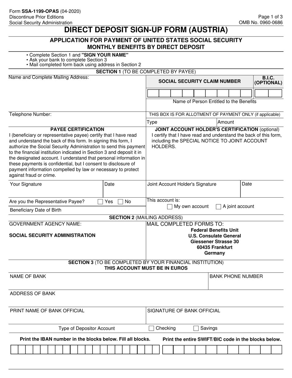 Form SSA-1199-OPAS Direct Deposit Sign-Up Form (Austria), Page 1