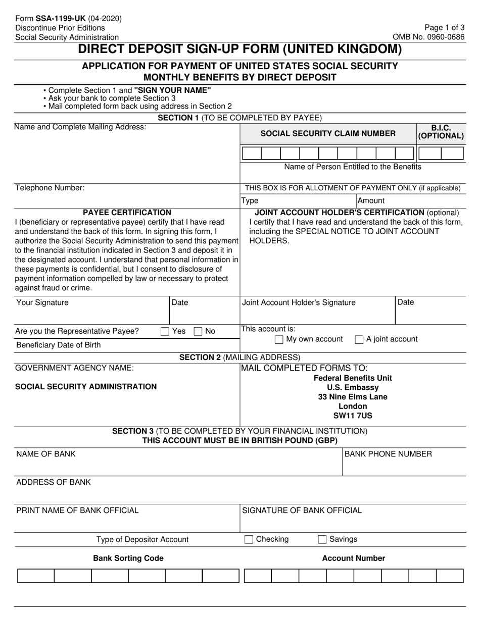 Form SSA-1199-UK Direct Deposit Sign-Up Form (United Kingdom), Page 1