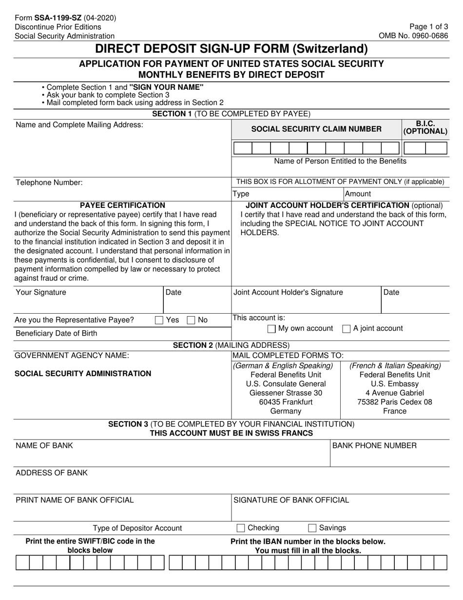 Form SSA-1199-SZ Direct Deposit Sign-Up Form (Switzerland), Page 1