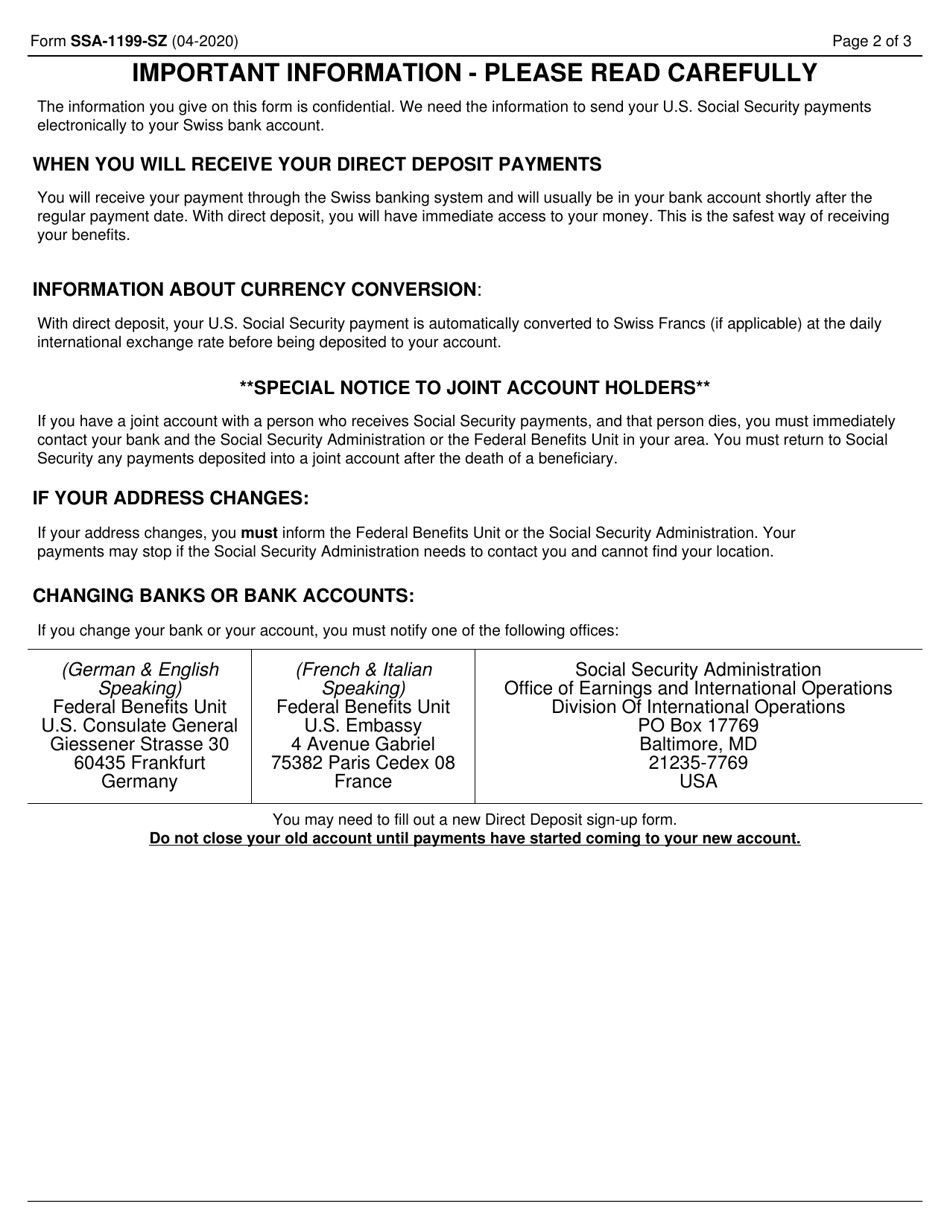 Form SSA-1199-SZ Direct Deposit Sign-Up Form (Switzerland), Page 2