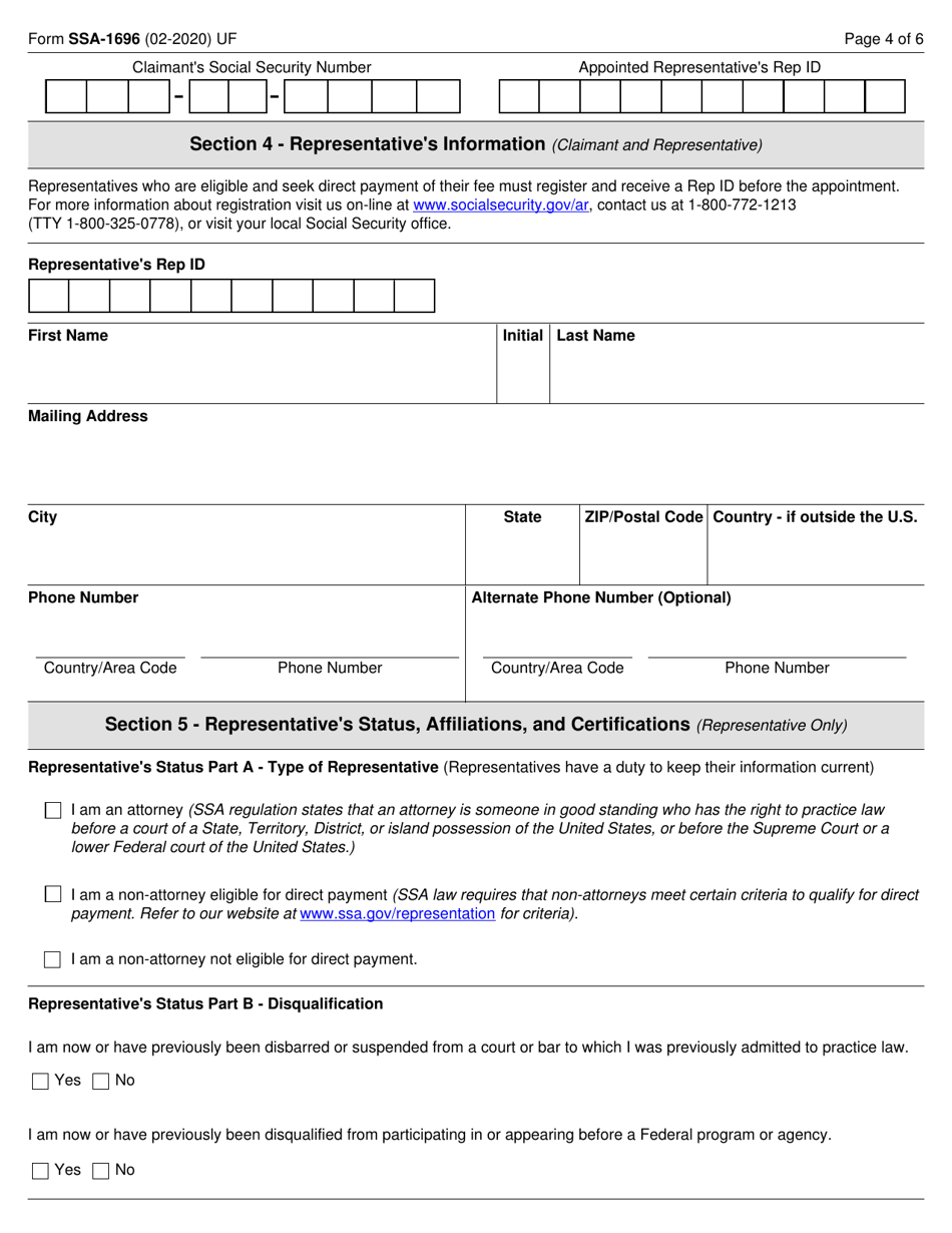 Form SSA-1696 Claimants Appointment of a Representative, Page 4