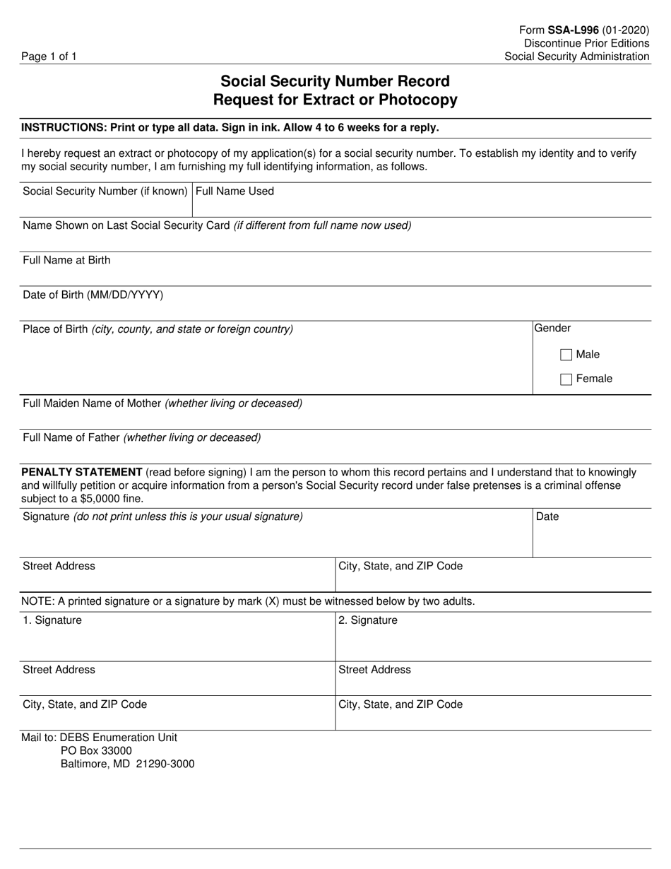 Form SSA-L996 Social Security Number Record Request for Extract or Photocopy, Page 1