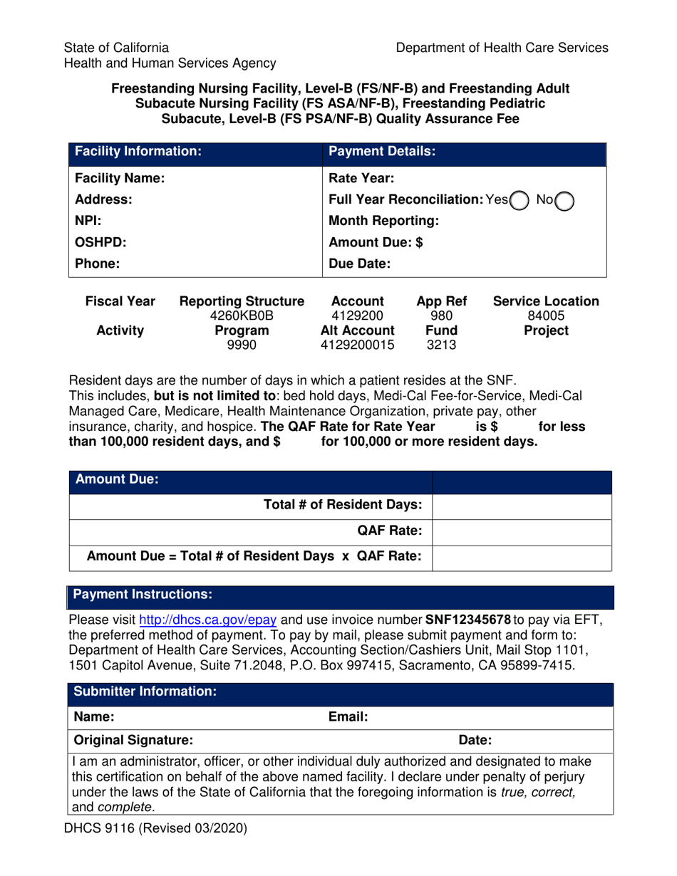 Form DHCS9116 Freestanding Nursing Facility, Level-B (Fs / Nf-B) and Freestanding Adult Subacute Nursing Facility (Fs Asa / Nf-B), Freestanding Pediatric Subacute, Level-B (Fs Psa / Nf-B) Quality Assurance Fee - California, Page 1