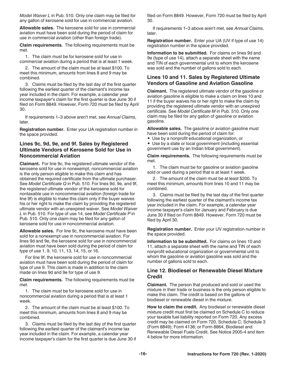 Instructions for IRS Form 720 Quarterly Federal Excise Tax Return, Page 16