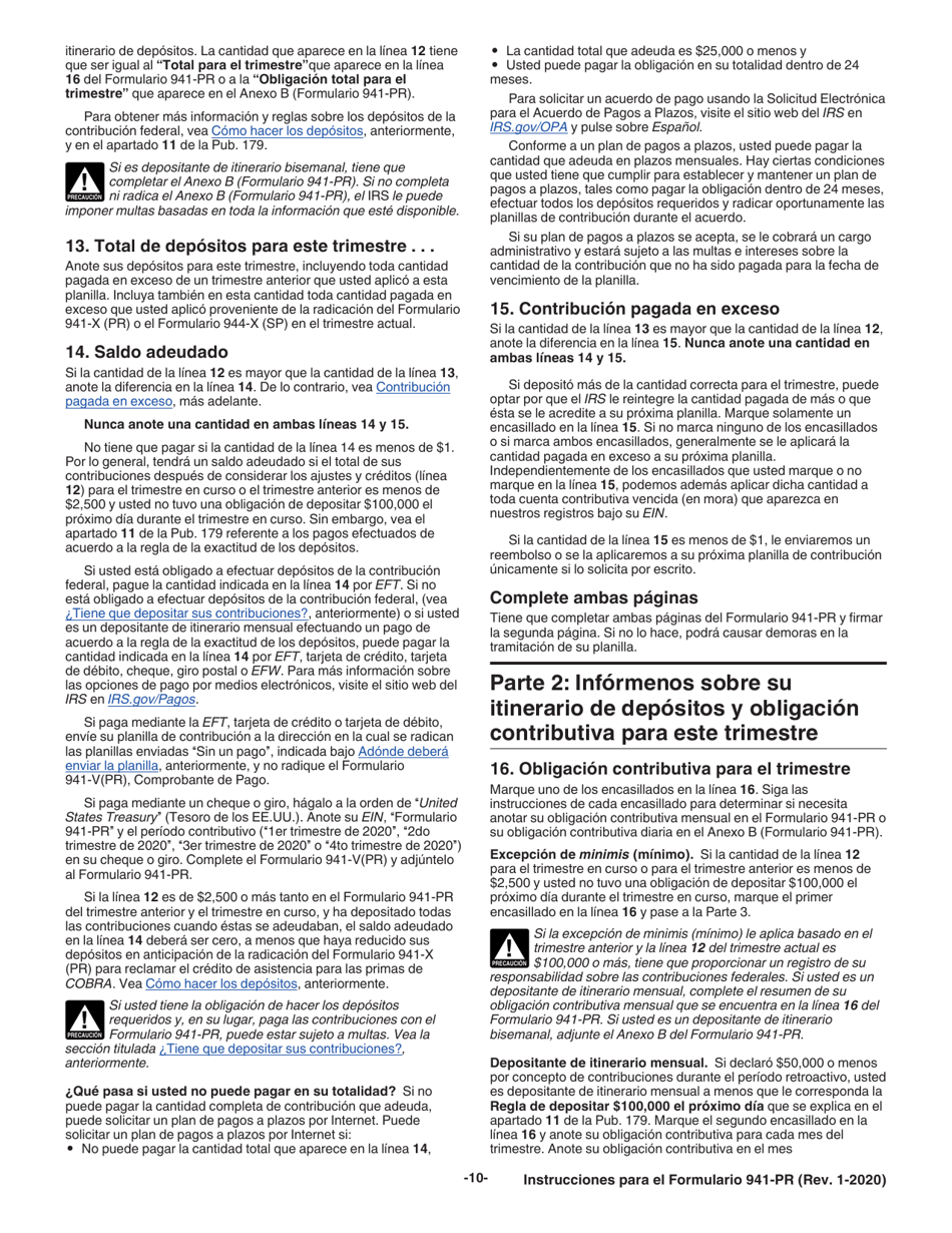 Instrucciones para IRS Formulario 941-PR Planilla Para La Declaracion Federal Trimestral Del Patrono (Spanish), Page 10