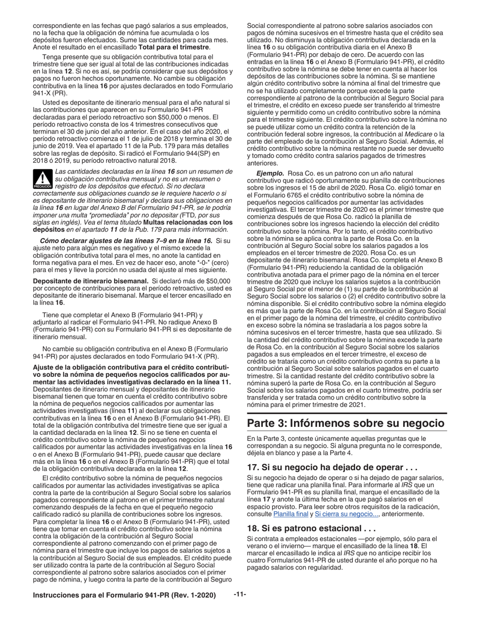 Instrucciones para IRS Formulario 941-PR Planilla Para La Declaracion Federal Trimestral Del Patrono (Spanish), Page 11