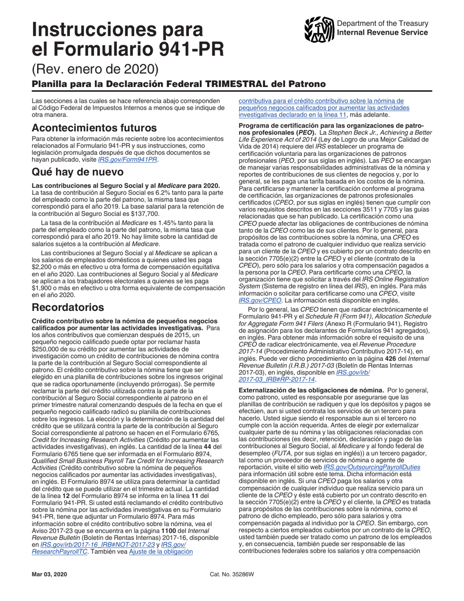Instrucciones para IRS Formulario 941-PR Planilla Para La Declaracion Federal Trimestral Del Patrono (Spanish), Page 1