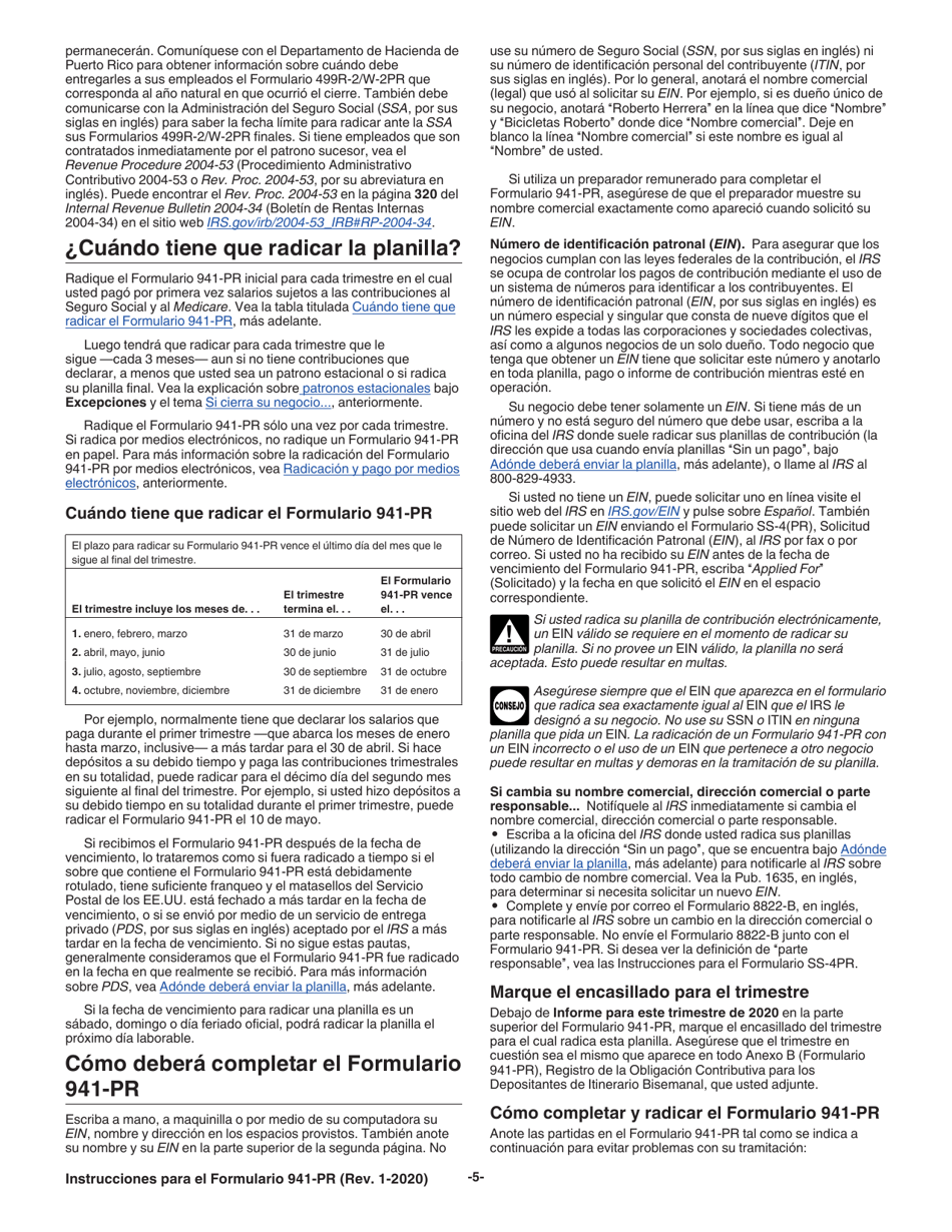 Instrucciones para IRS Formulario 941-PR Planilla Para La Declaracion Federal Trimestral Del Patrono (Spanish), Page 5