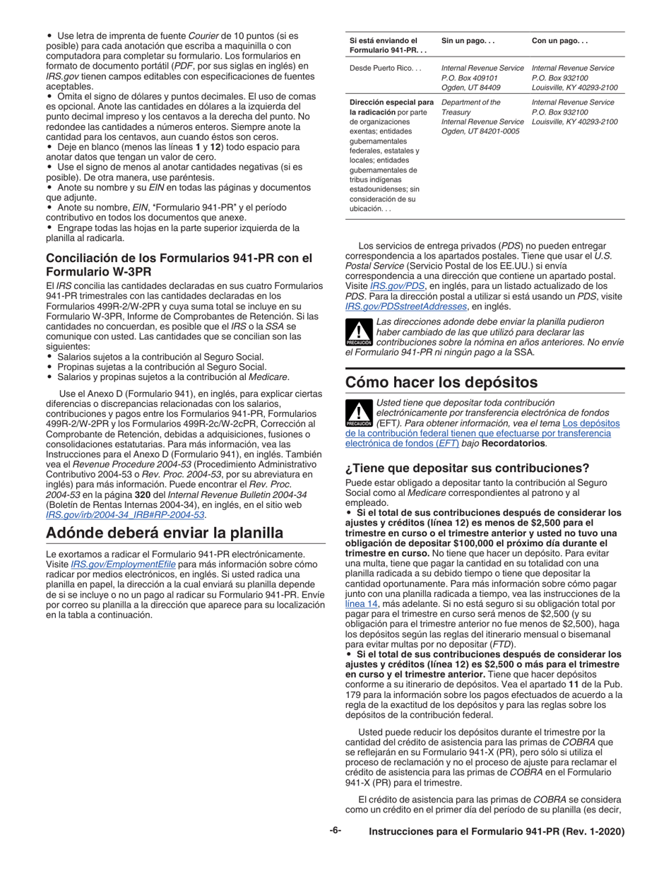Instrucciones para IRS Formulario 941-PR Planilla Para La Declaracion Federal Trimestral Del Patrono (Spanish), Page 6