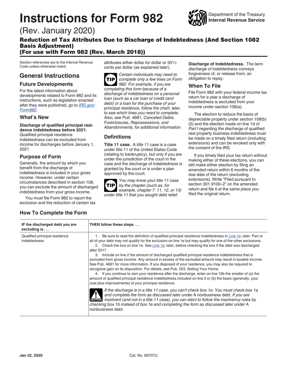 Instructions for IRS Form 982 Reduction of Tax Attributes Due to Discharge of Indebtedness (And Section 1082 Basis Adjustment), Page 1