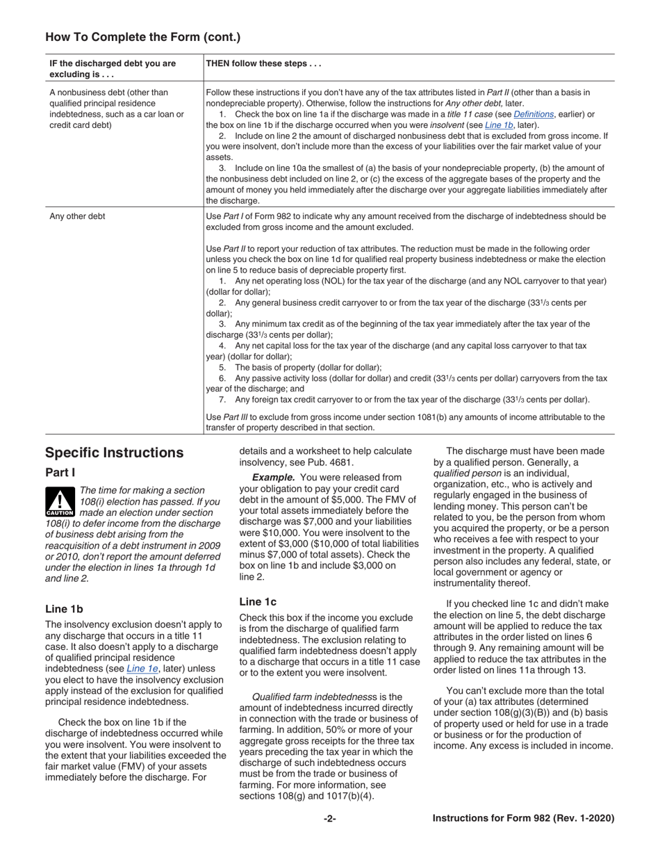Instructions for IRS Form 982 Reduction of Tax Attributes Due to Discharge of Indebtedness (And Section 1082 Basis Adjustment), Page 2