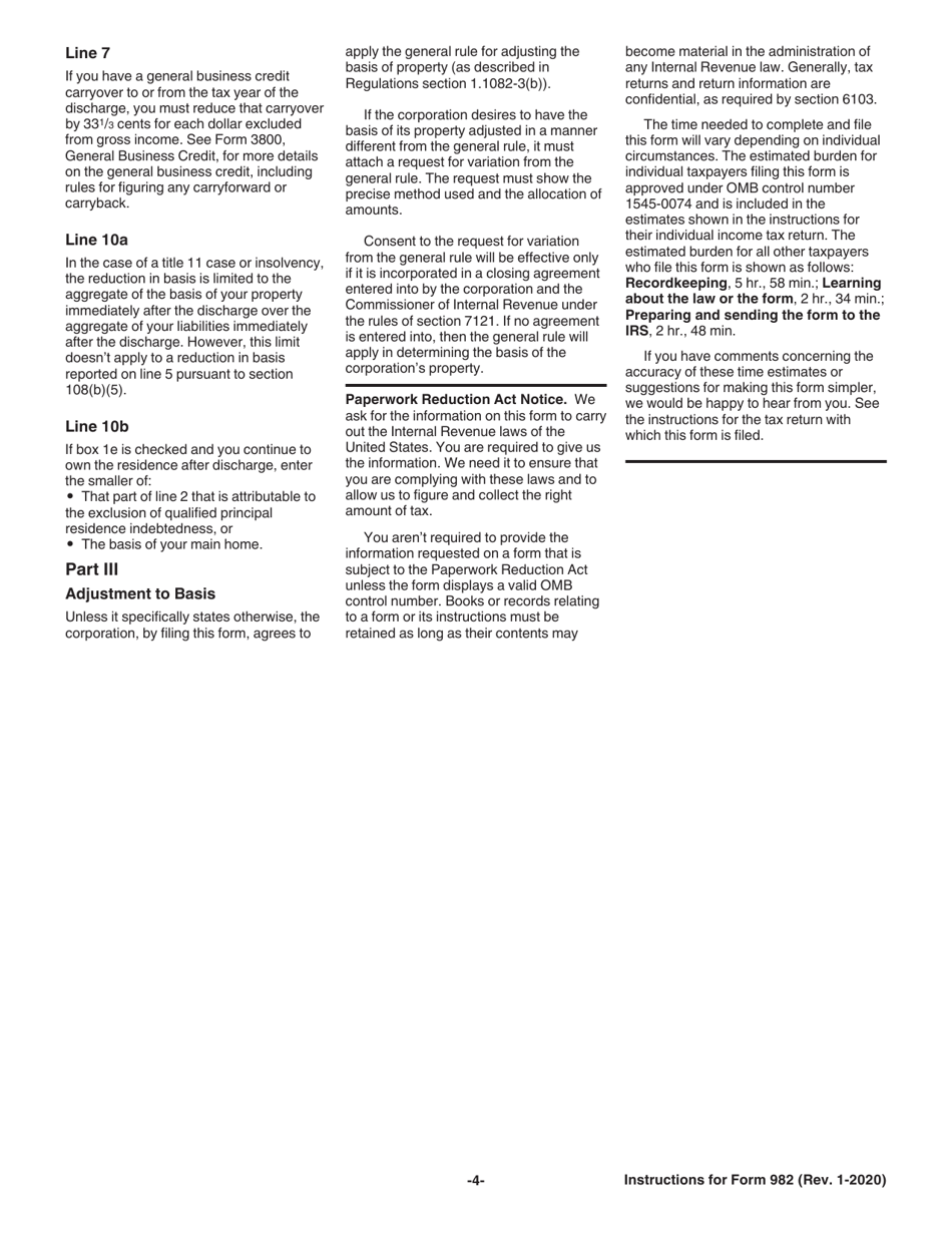Instructions for IRS Form 982 Reduction of Tax Attributes Due to Discharge of Indebtedness (And Section 1082 Basis Adjustment), Page 4