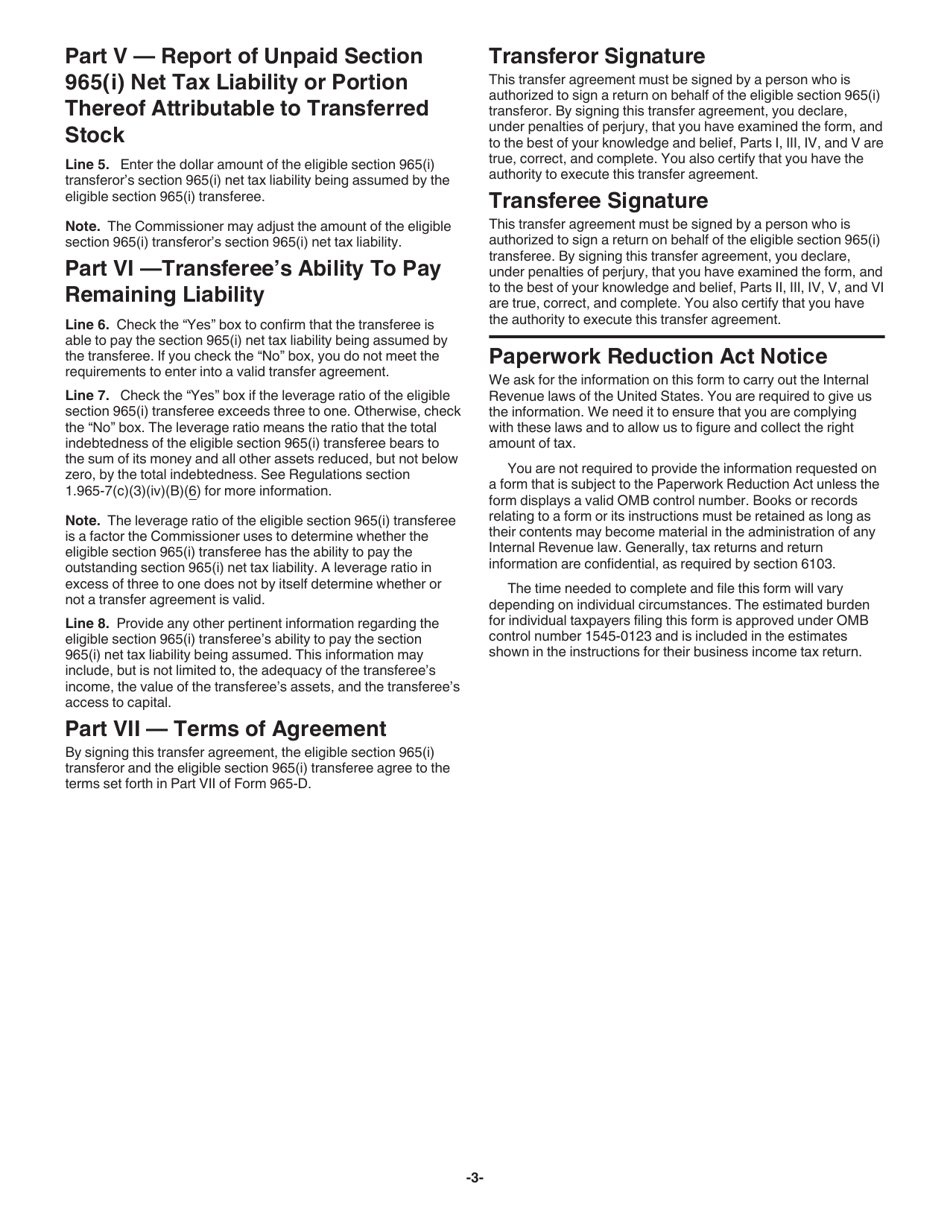 Instructions for IRS Form 965-D Transfer Agreement Under Section 965(I)(2), Page 3