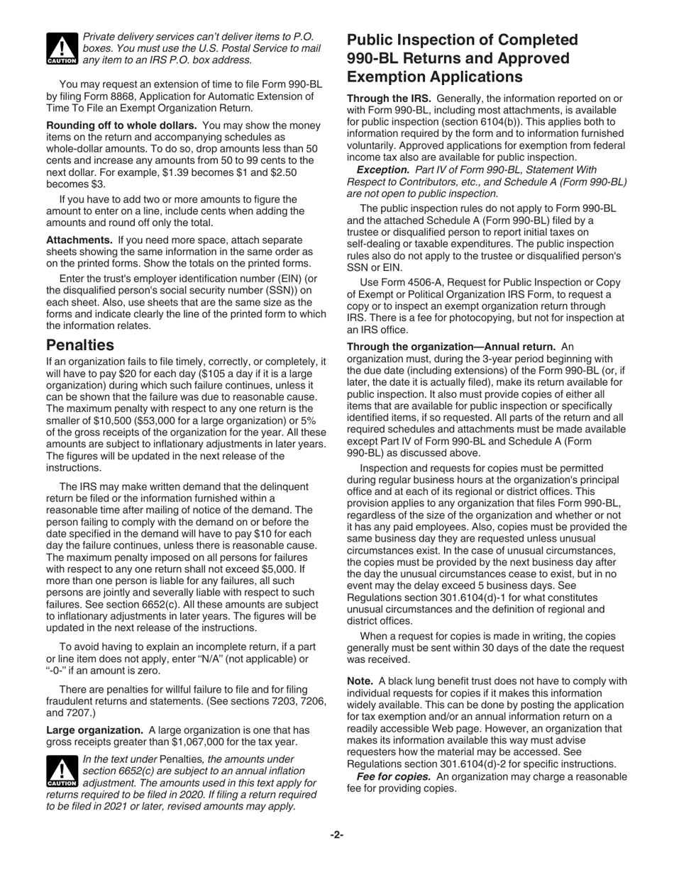 Instructions for IRS Form 990-BL Information and Initial Excise Tax Return for Black Lung Benefit Trusts and Certain Related Persons, Page 2
