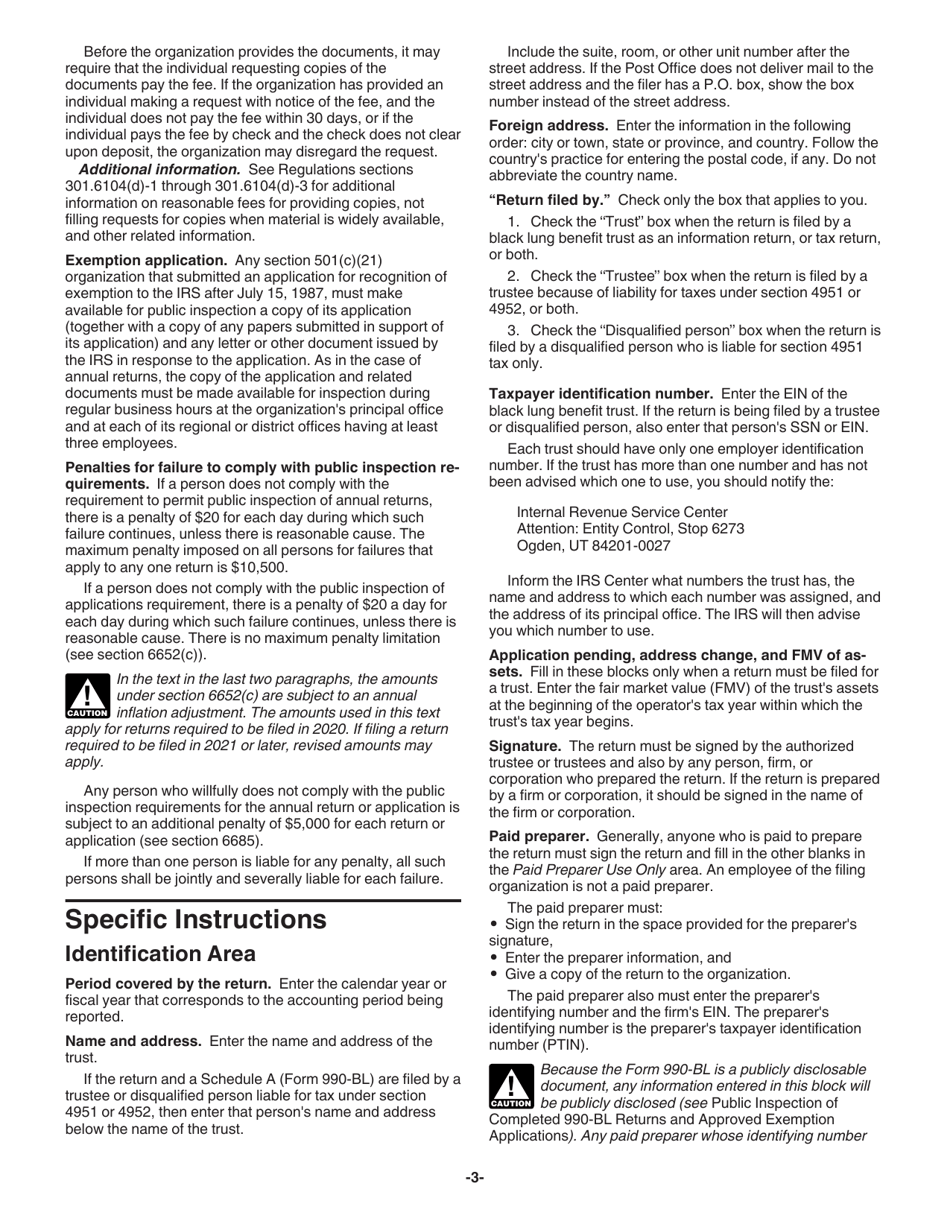 Instructions for IRS Form 990-BL Information and Initial Excise Tax Return for Black Lung Benefit Trusts and Certain Related Persons, Page 3