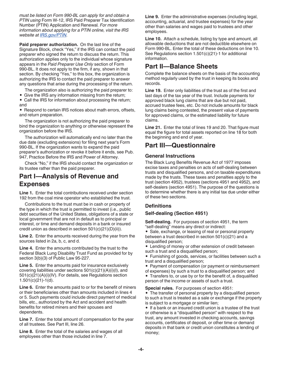 Instructions for IRS Form 990-BL Information and Initial Excise Tax Return for Black Lung Benefit Trusts and Certain Related Persons, Page 4
