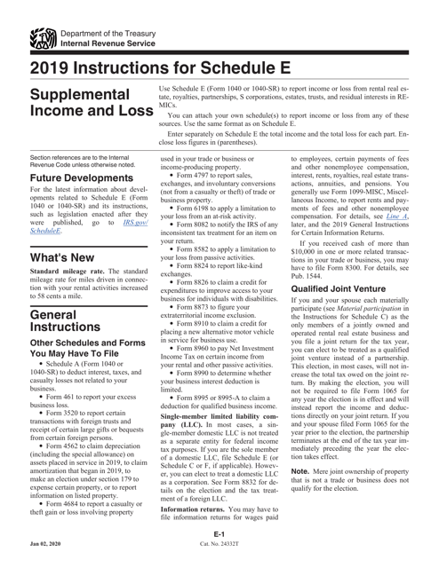 Instructions for IRS Form 1040, 1040-SR Schedule E Supplemental Income and Loss, 2019