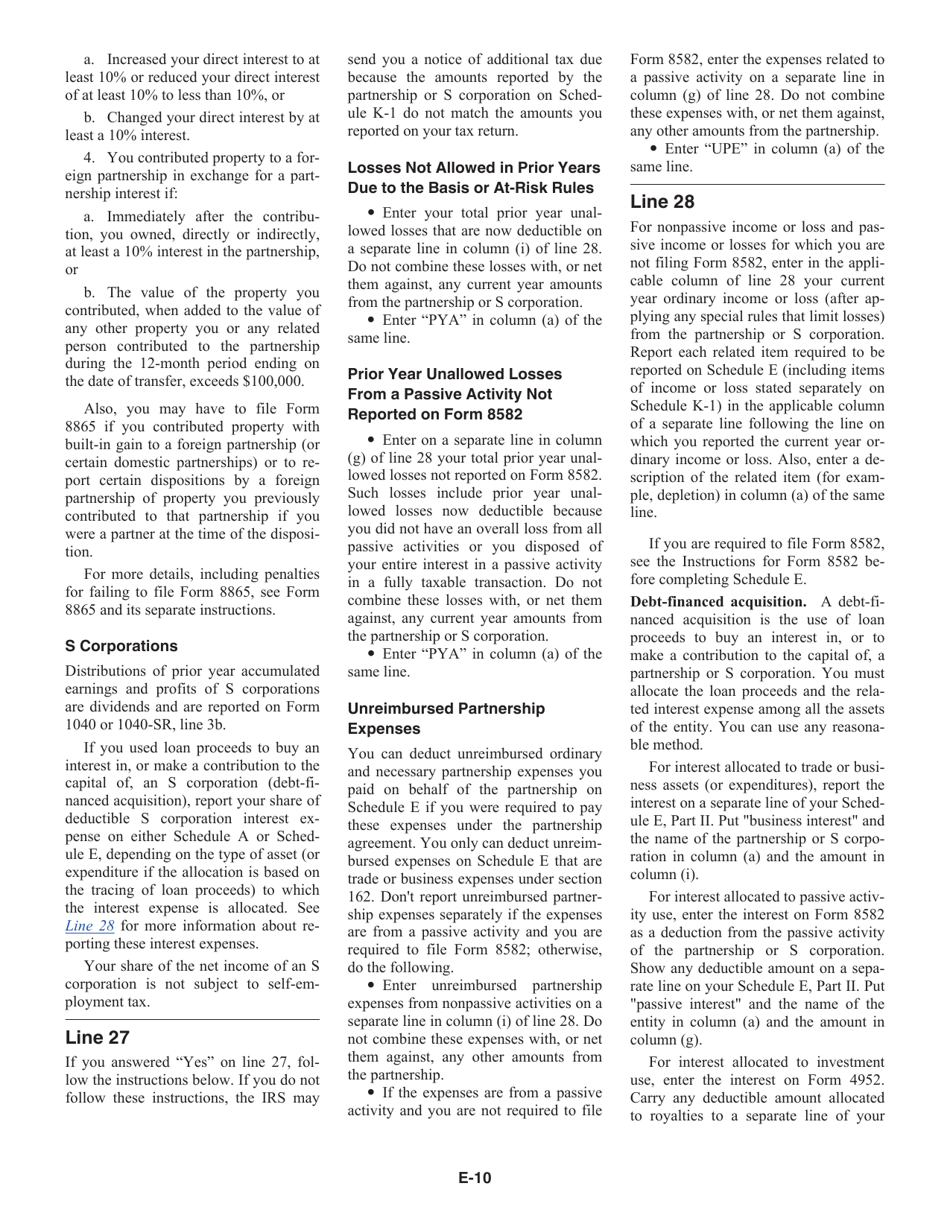 Instructions for IRS Form 1040, 1040-SR Schedule E Supplemental Income and Loss, Page 10