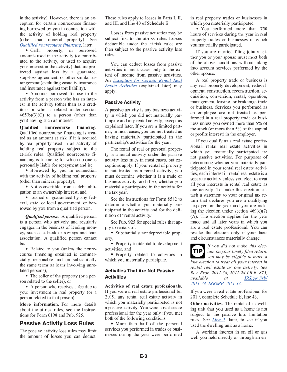 Instructions for IRS Form 1040, 1040-SR Schedule E Supplemental Income and Loss, Page 3