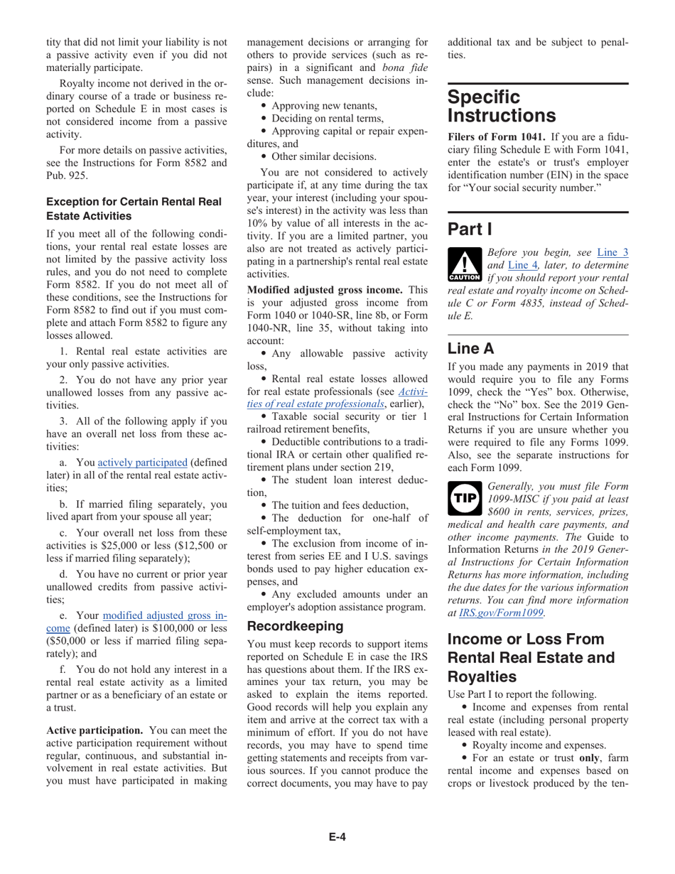 Instructions for IRS Form 1040, 1040-SR Schedule E Supplemental Income and Loss, Page 4