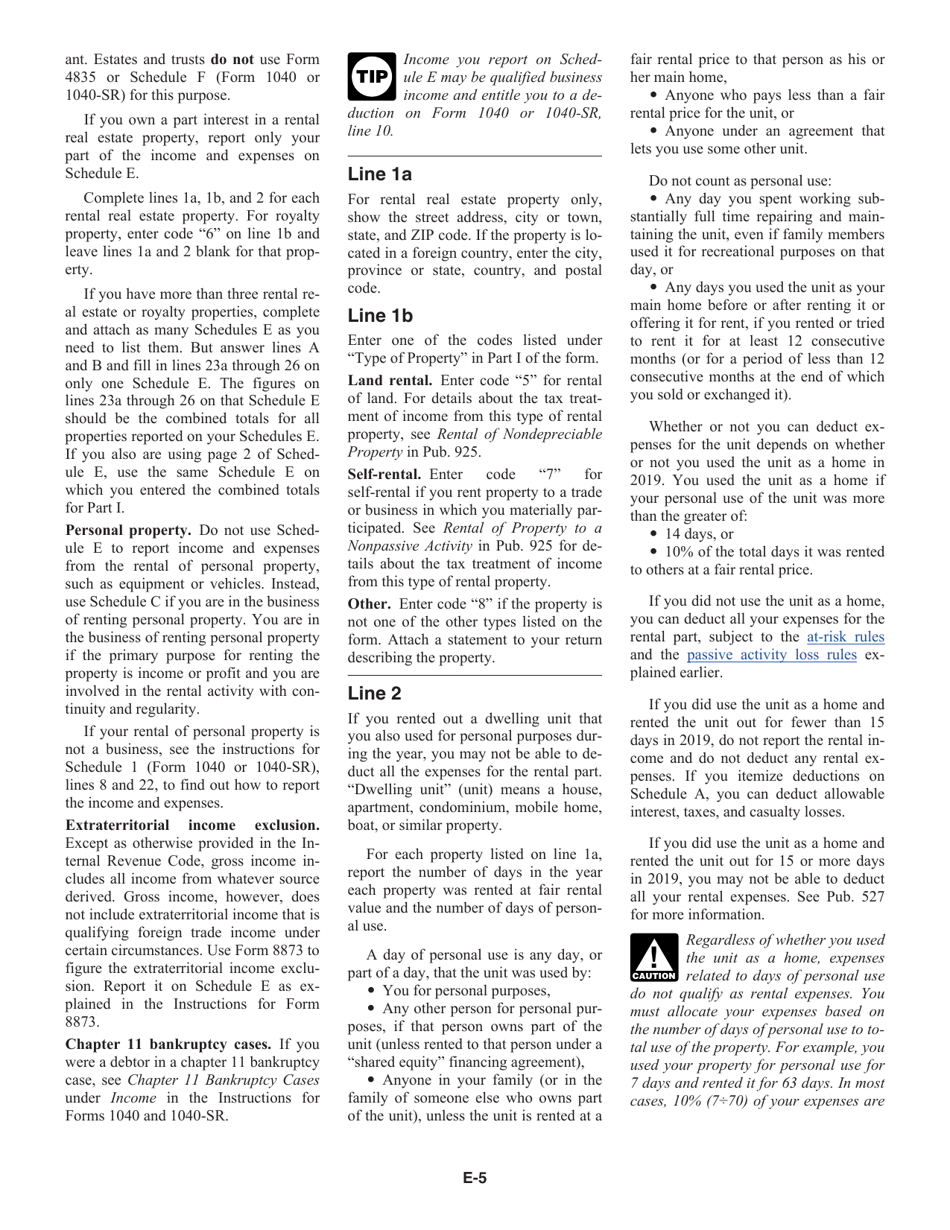 Instructions for IRS Form 1040, 1040-SR Schedule E Supplemental Income and Loss, Page 5