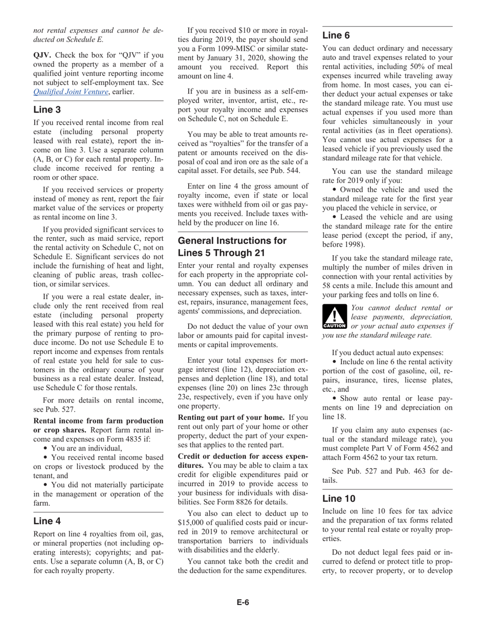 Instructions for IRS Form 1040, 1040-SR Schedule E Supplemental Income and Loss, Page 6