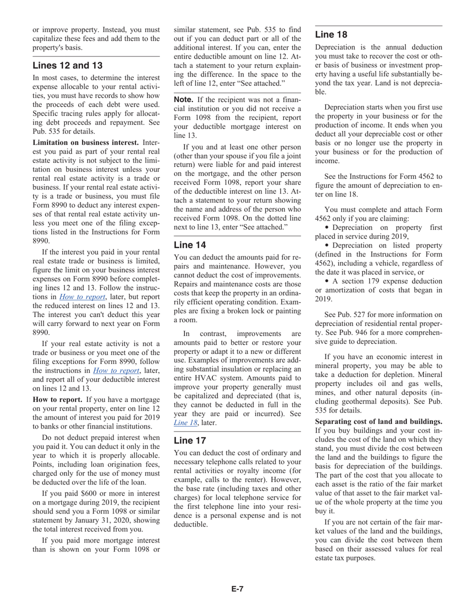 Instructions for IRS Form 1040, 1040-SR Schedule E Supplemental Income and Loss, Page 7