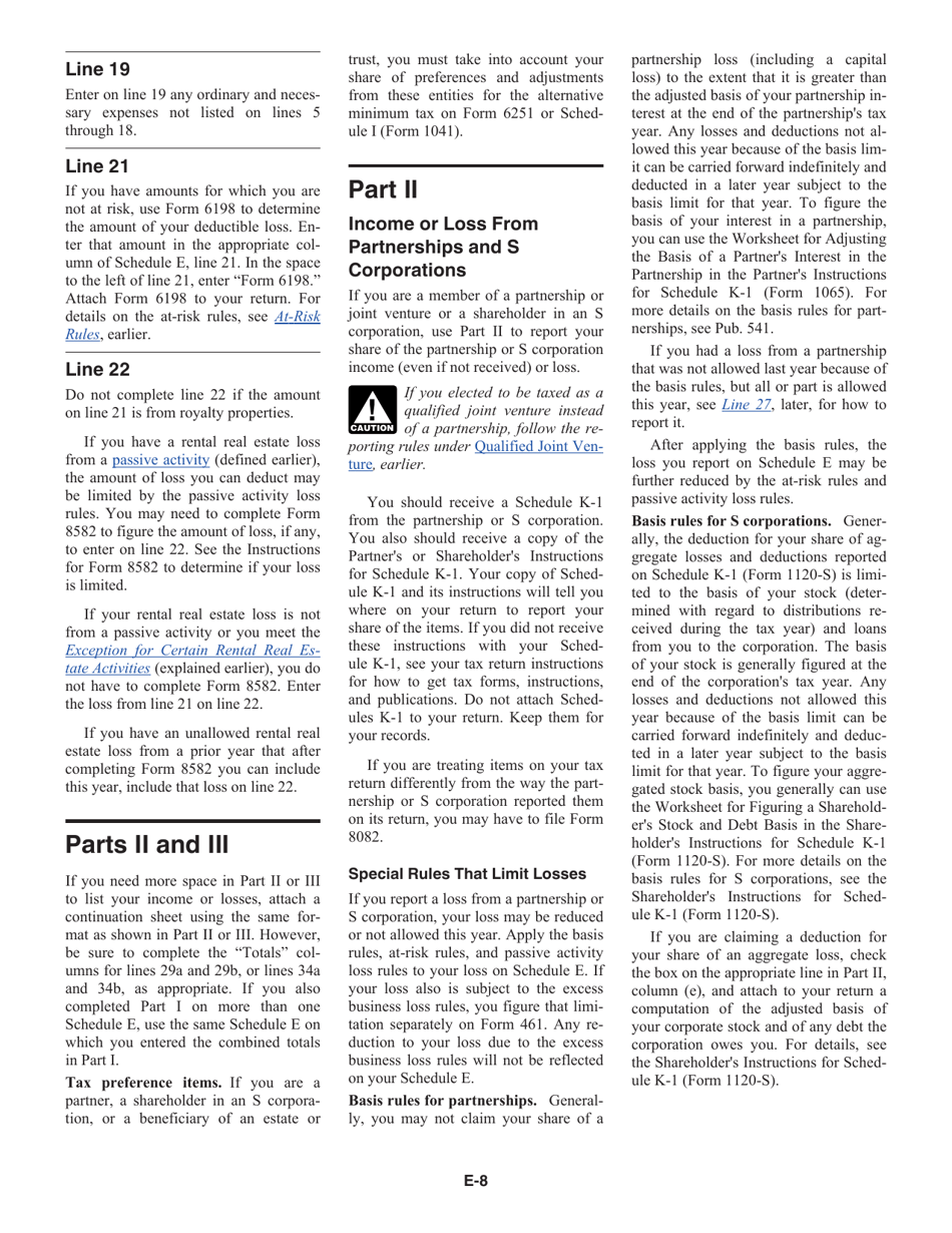 Instructions for IRS Form 1040, 1040-SR Schedule E Supplemental Income and Loss, Page 8