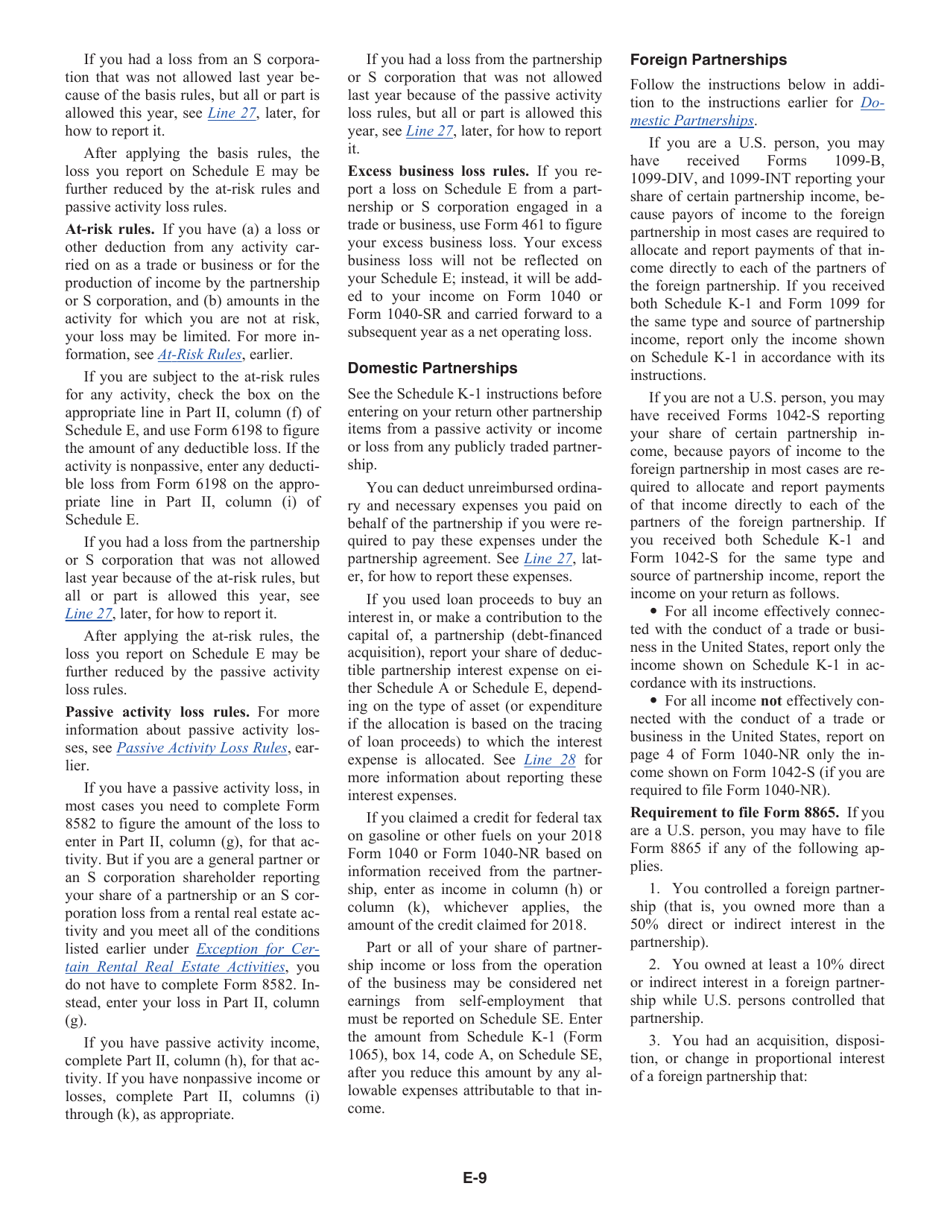 Instructions for IRS Form 1040, 1040-SR Schedule E Supplemental Income and Loss, Page 9