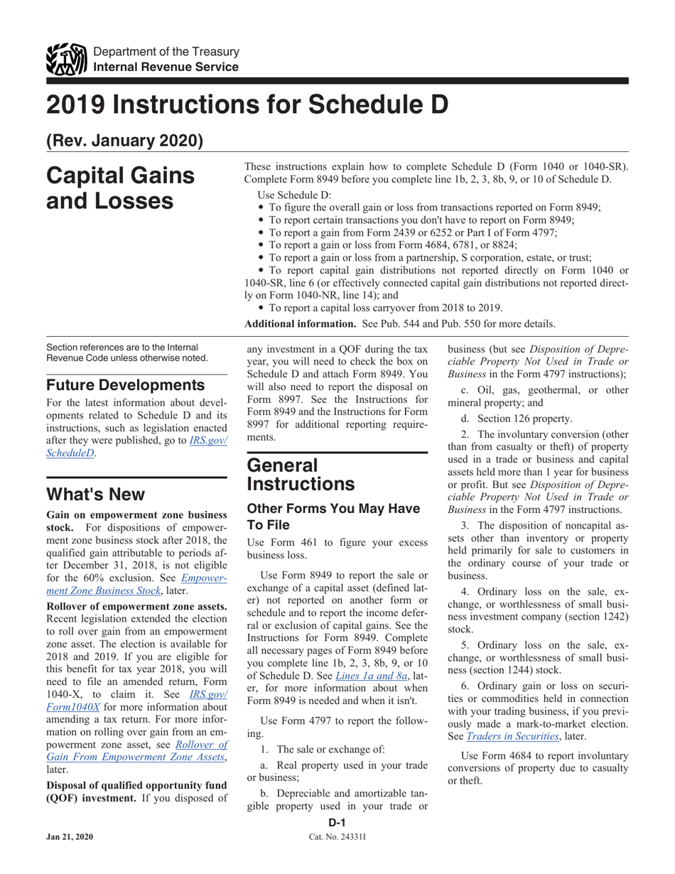 Instructions for IRS Form 1040, 1040-SR Schedule D Capital Gains and Losses, Page 1