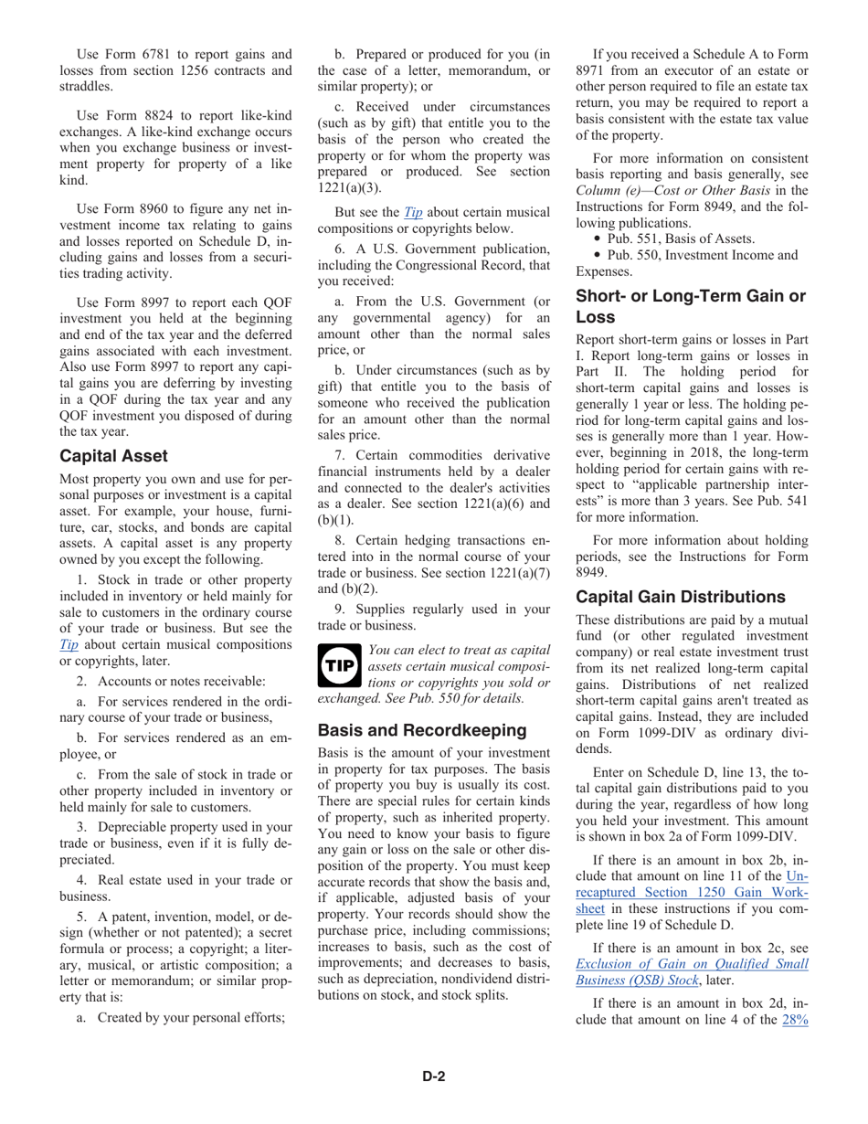 Instructions for IRS Form 1040, 1040-SR Schedule D Capital Gains and Losses, Page 2