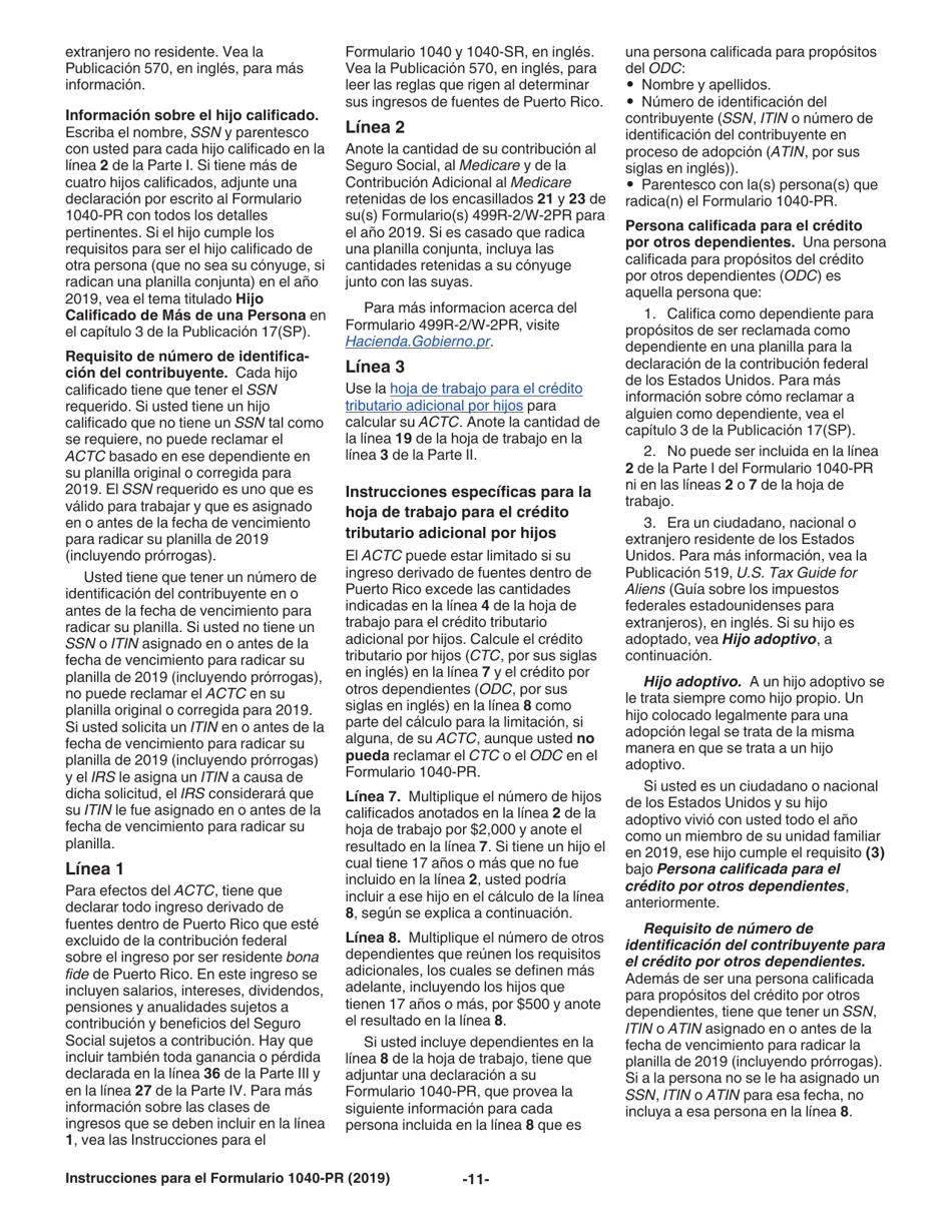 Instrucciones para IRS Formulario 1040-PR Planilla Para La Declaracion De La Contribucion Federal Sobre El Trabajo Por Cuenta Propia (Incluyendo El Credito Tributario Adicional Por Hijos Para Residentes Bona Fide De Puerto Rico) (Spanish), Page 11