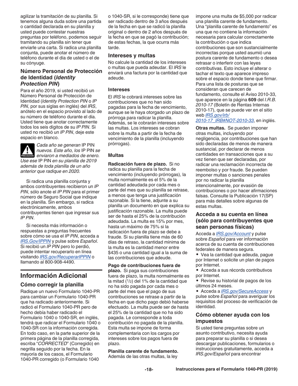 Instrucciones para IRS Formulario 1040-PR Planilla Para La Declaracion De La Contribucion Federal Sobre El Trabajo Por Cuenta Propia (Incluyendo El Credito Tributario Adicional Por Hijos Para Residentes Bona Fide De Puerto Rico) (Spanish), Page 18
