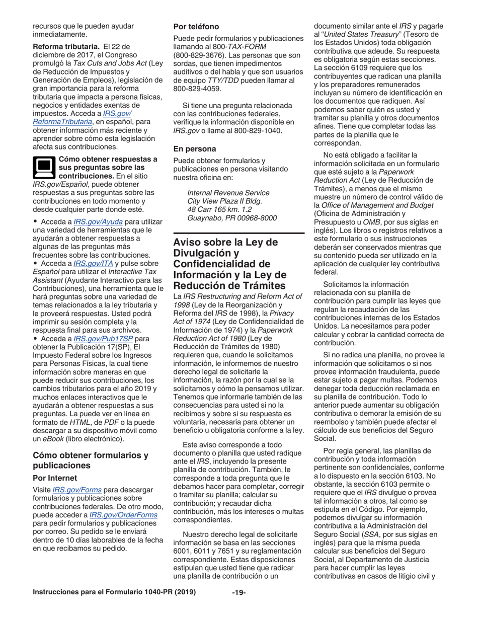 Instrucciones para IRS Formulario 1040-PR Planilla Para La Declaracion De La Contribucion Federal Sobre El Trabajo Por Cuenta Propia (Incluyendo El Credito Tributario Adicional Por Hijos Para Residentes Bona Fide De Puerto Rico) (Spanish), Page 19