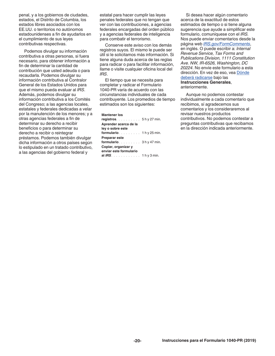 Instrucciones para IRS Formulario 1040-PR Planilla Para La Declaracion De La Contribucion Federal Sobre El Trabajo Por Cuenta Propia (Incluyendo El Credito Tributario Adicional Por Hijos Para Residentes Bona Fide De Puerto Rico) (Spanish), Page 20