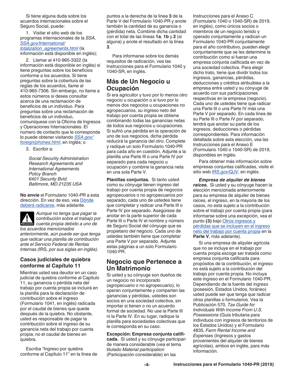 Instrucciones para IRS Formulario 1040-PR Planilla Para La Declaracion De La Contribucion Federal Sobre El Trabajo Por Cuenta Propia (Incluyendo El Credito Tributario Adicional Por Hijos Para Residentes Bona Fide De Puerto Rico) (Spanish), Page 4