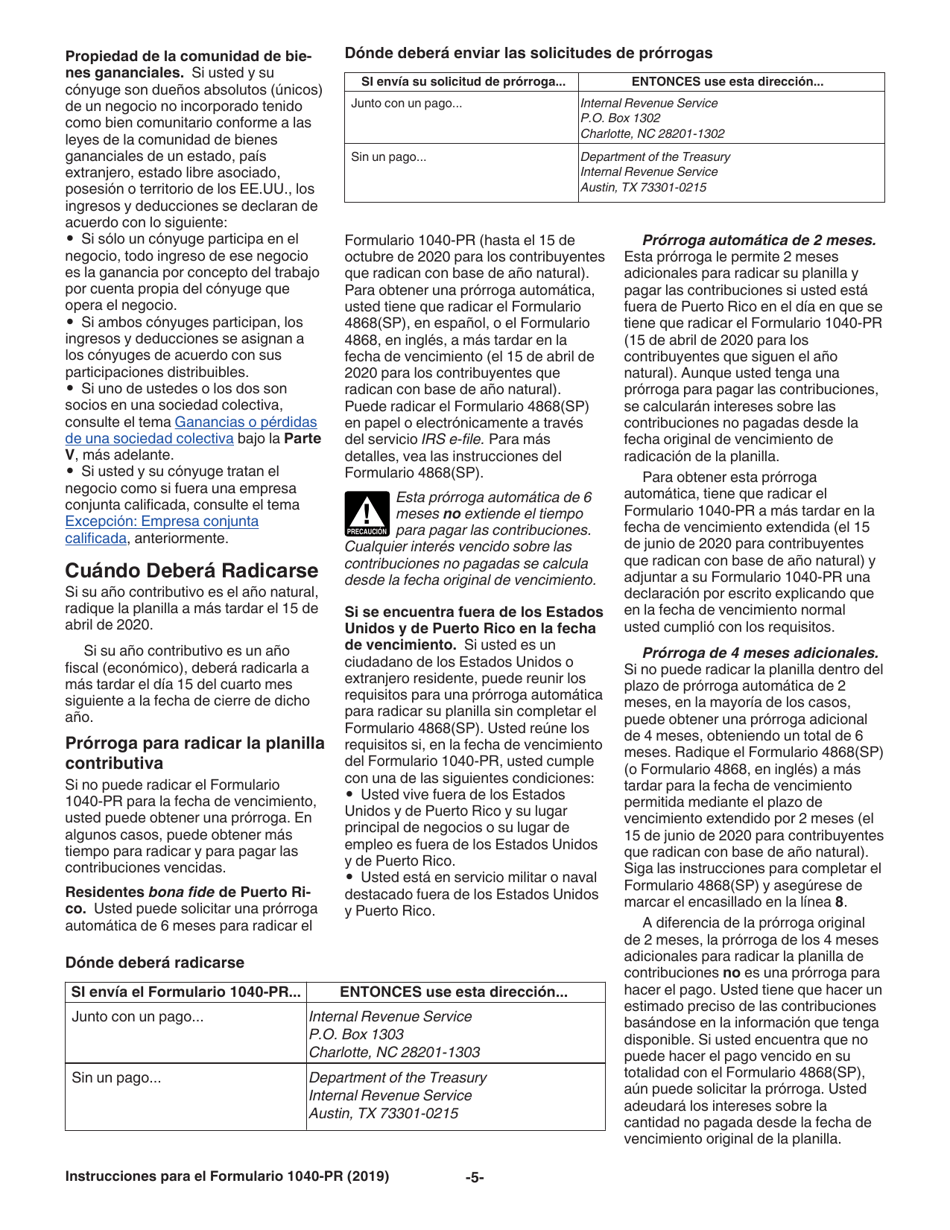 Instrucciones para IRS Formulario 1040-PR Planilla Para La Declaracion De La Contribucion Federal Sobre El Trabajo Por Cuenta Propia (Incluyendo El Credito Tributario Adicional Por Hijos Para Residentes Bona Fide De Puerto Rico) (Spanish), Page 5