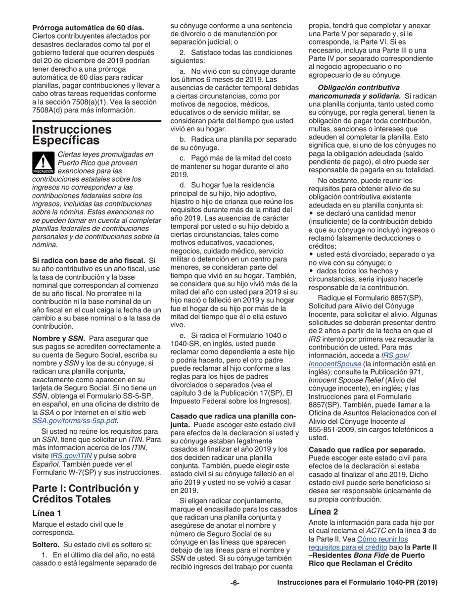 Instrucciones para IRS Formulario 1040-PR Planilla Para La Declaracion De La Contribucion Federal Sobre El Trabajo Por Cuenta Propia (Incluyendo El Credito Tributario Adicional Por Hijos Para Residentes Bona Fide De Puerto Rico) (Spanish), Page 6