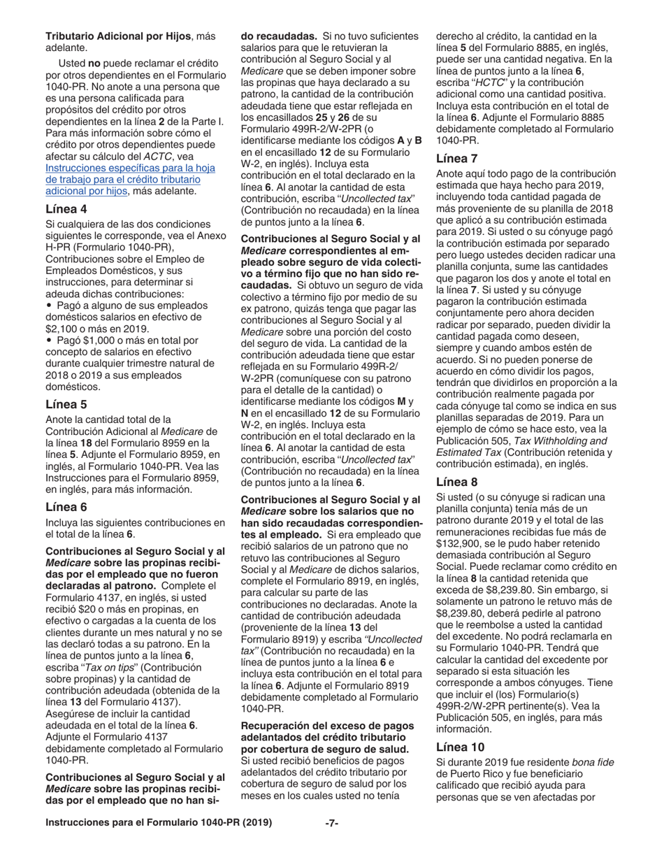 Instrucciones para IRS Formulario 1040-PR Planilla Para La Declaracion De La Contribucion Federal Sobre El Trabajo Por Cuenta Propia (Incluyendo El Credito Tributario Adicional Por Hijos Para Residentes Bona Fide De Puerto Rico) (Spanish), Page 7