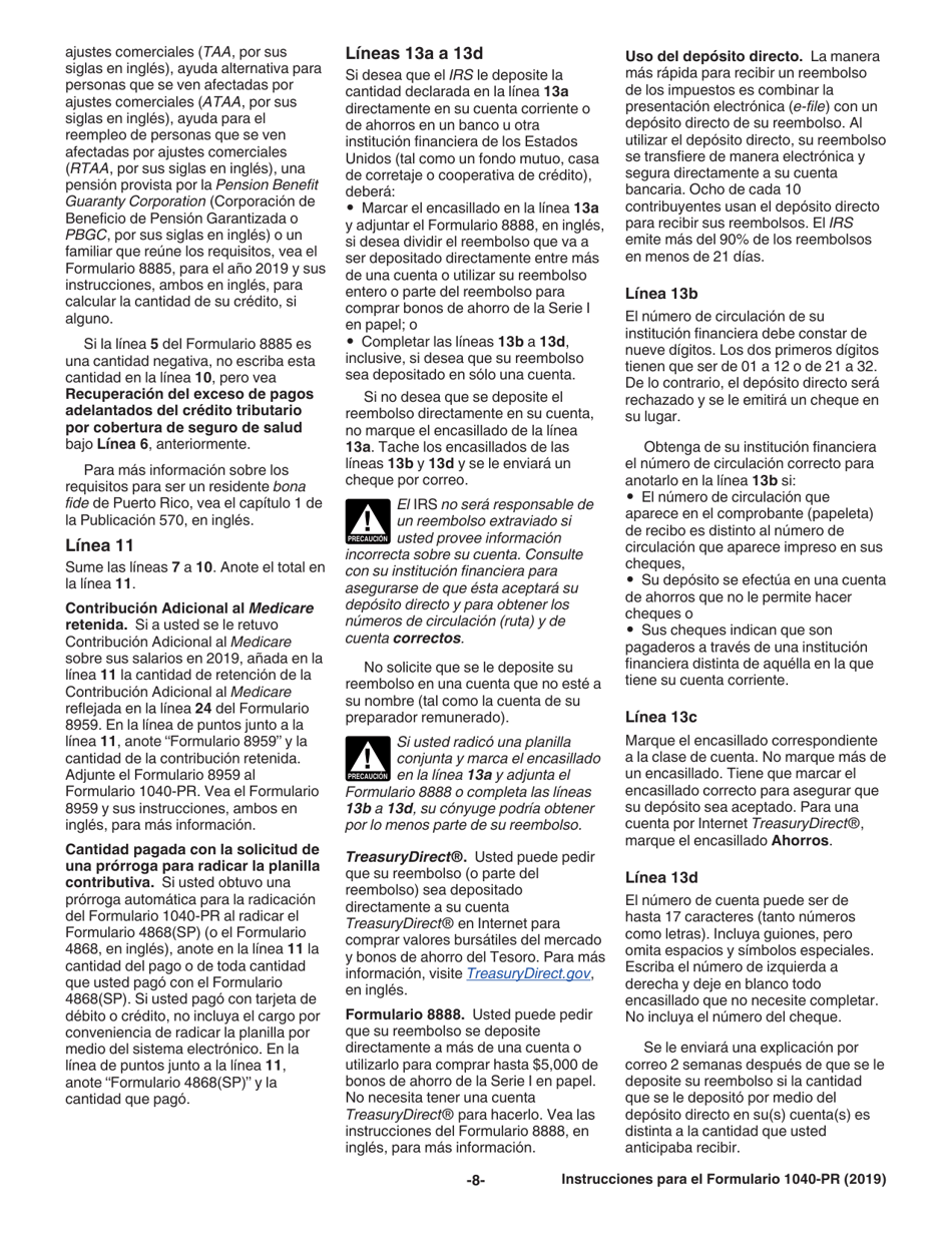 Instrucciones para IRS Formulario 1040-PR Planilla Para La Declaracion De La Contribucion Federal Sobre El Trabajo Por Cuenta Propia (Incluyendo El Credito Tributario Adicional Por Hijos Para Residentes Bona Fide De Puerto Rico) (Spanish), Page 8