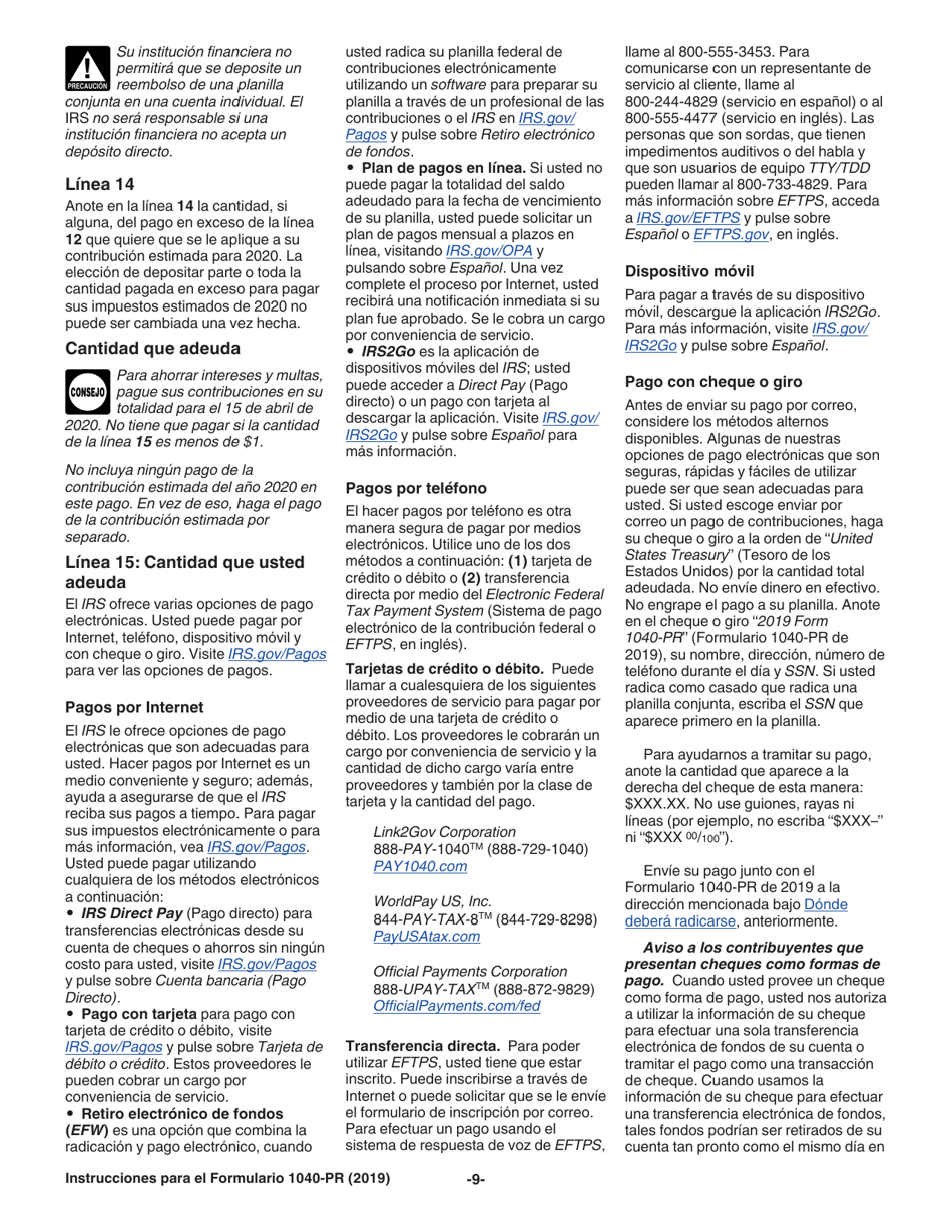 Instrucciones para IRS Formulario 1040-PR Planilla Para La Declaracion De La Contribucion Federal Sobre El Trabajo Por Cuenta Propia (Incluyendo El Credito Tributario Adicional Por Hijos Para Residentes Bona Fide De Puerto Rico) (Spanish), Page 9
