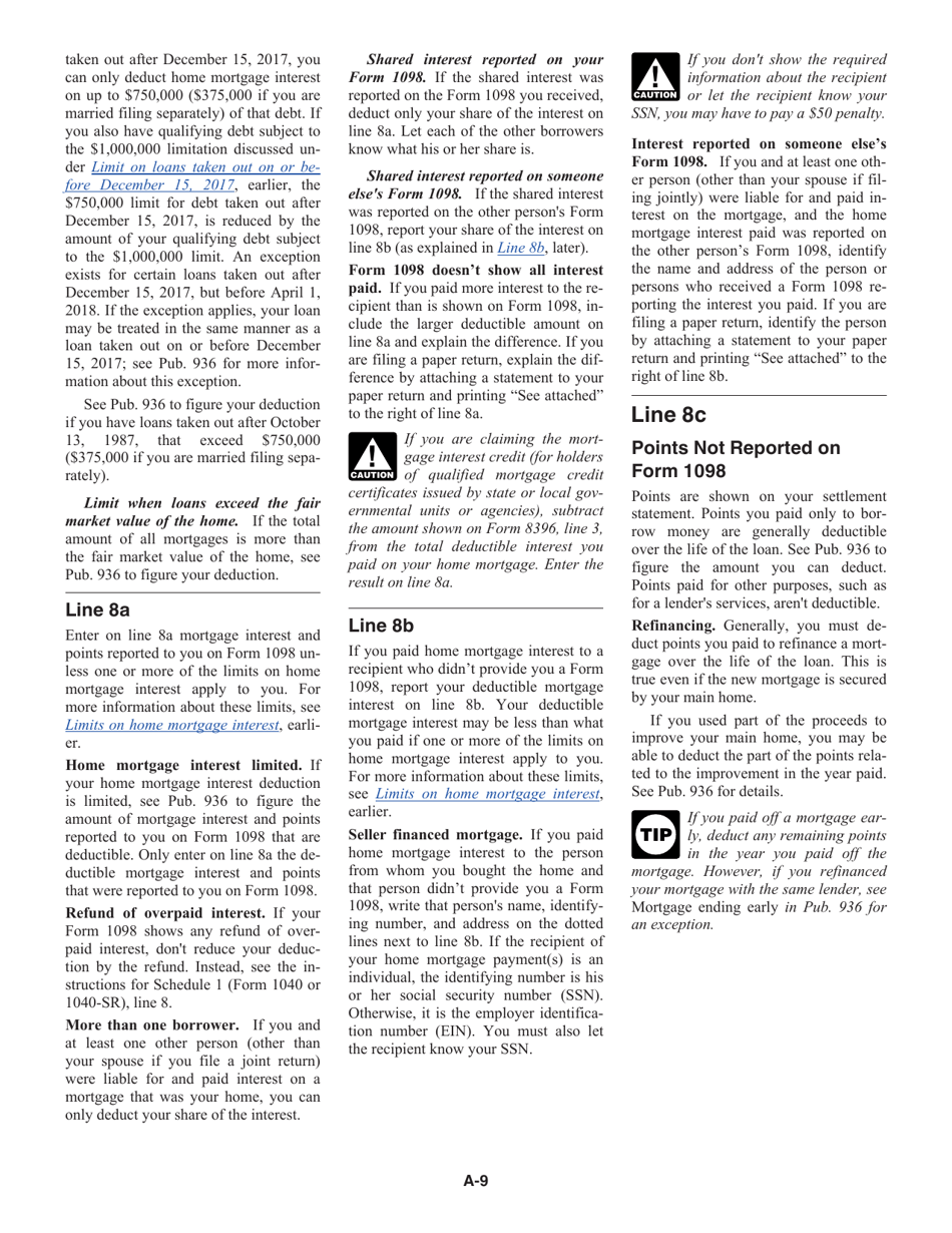Instructions for IRS Form 1040, 1040-SR Schedule A Itemized Deductions, Page 9