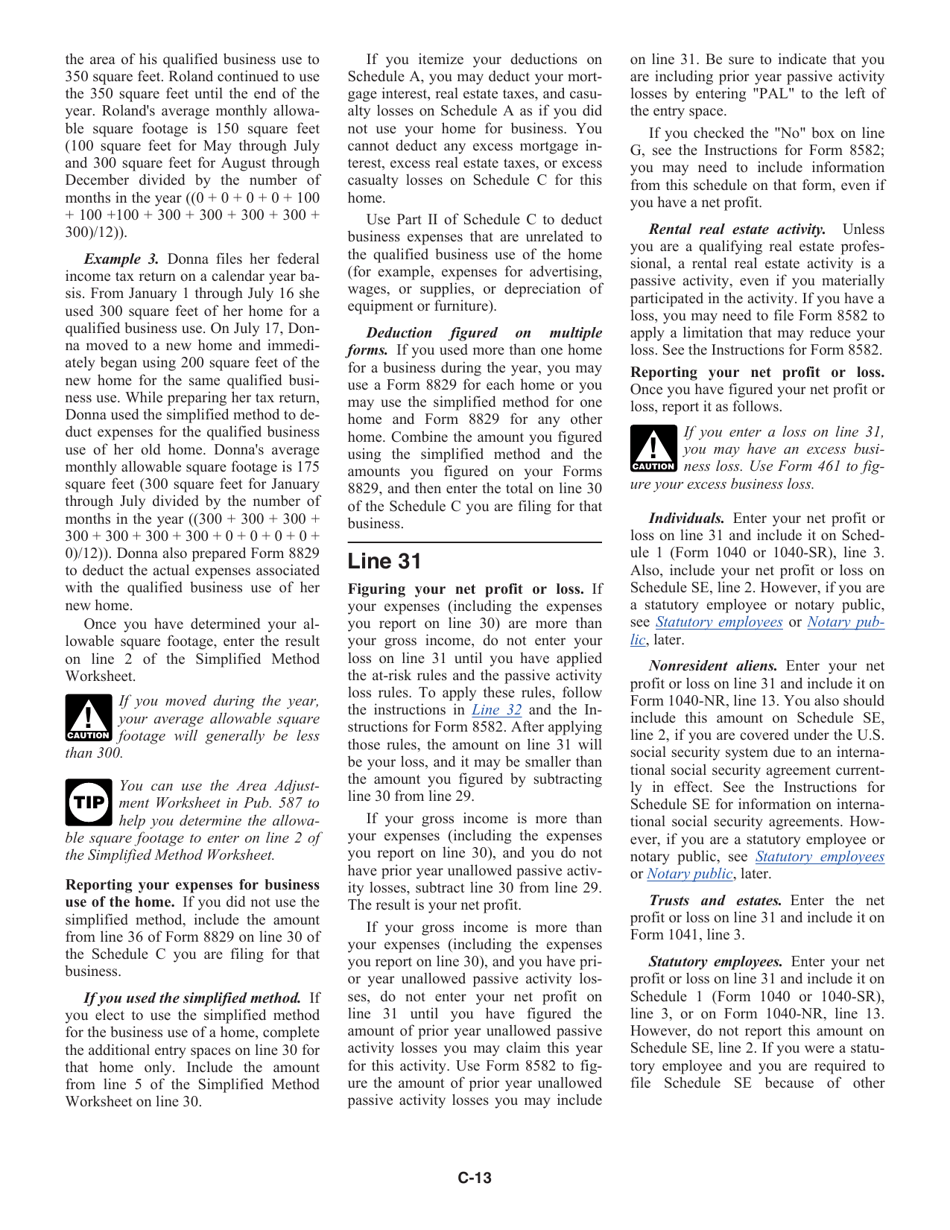Instructions for IRS Form 1040, 1040-SR Schedule C Profit or Loss From Business (Sole Proprietorship), Page 13