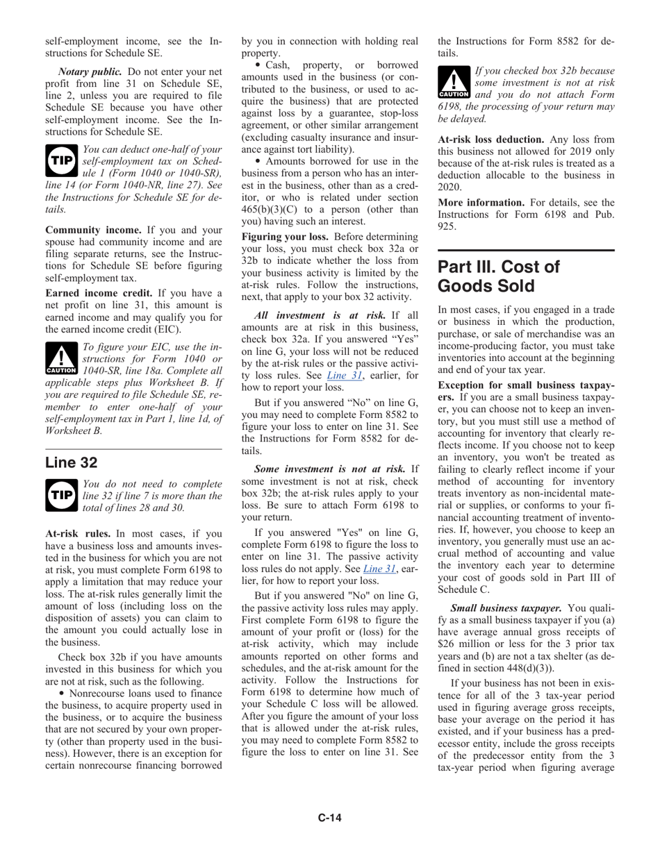Instructions for IRS Form 1040, 1040-SR Schedule C Profit or Loss From Business (Sole Proprietorship), Page 14